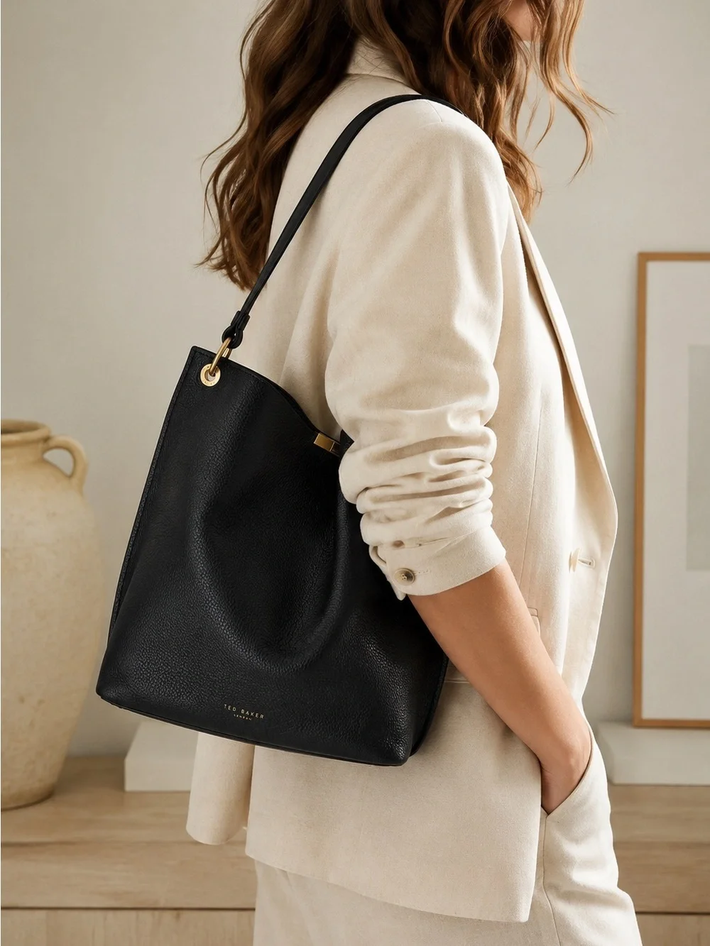 Ted Baker Candiee Black Pebbled Leather Hobo Shoulder Bag Gold Hardware